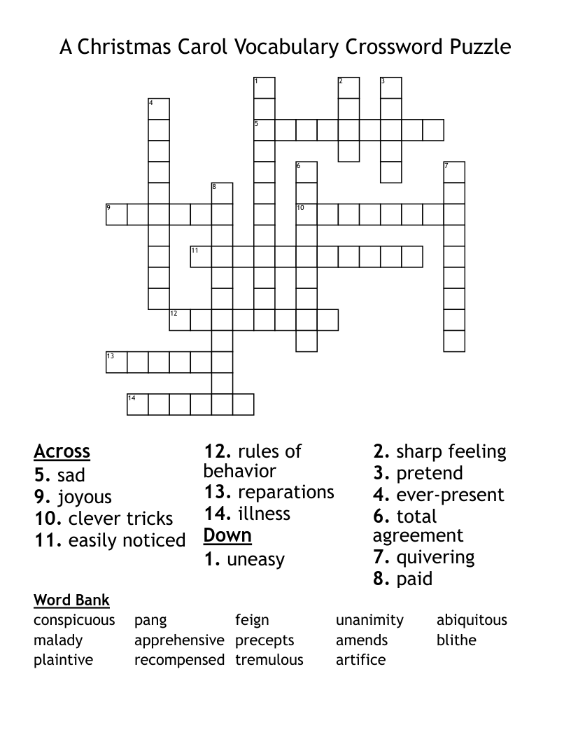 A Christmas Carol Vocabulary Crossword Puzzle
