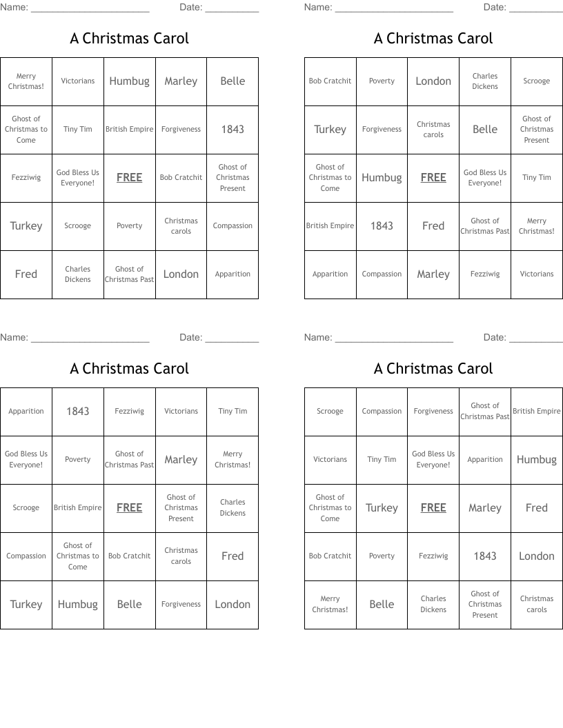 A Christmas Carol  Bingo Cards