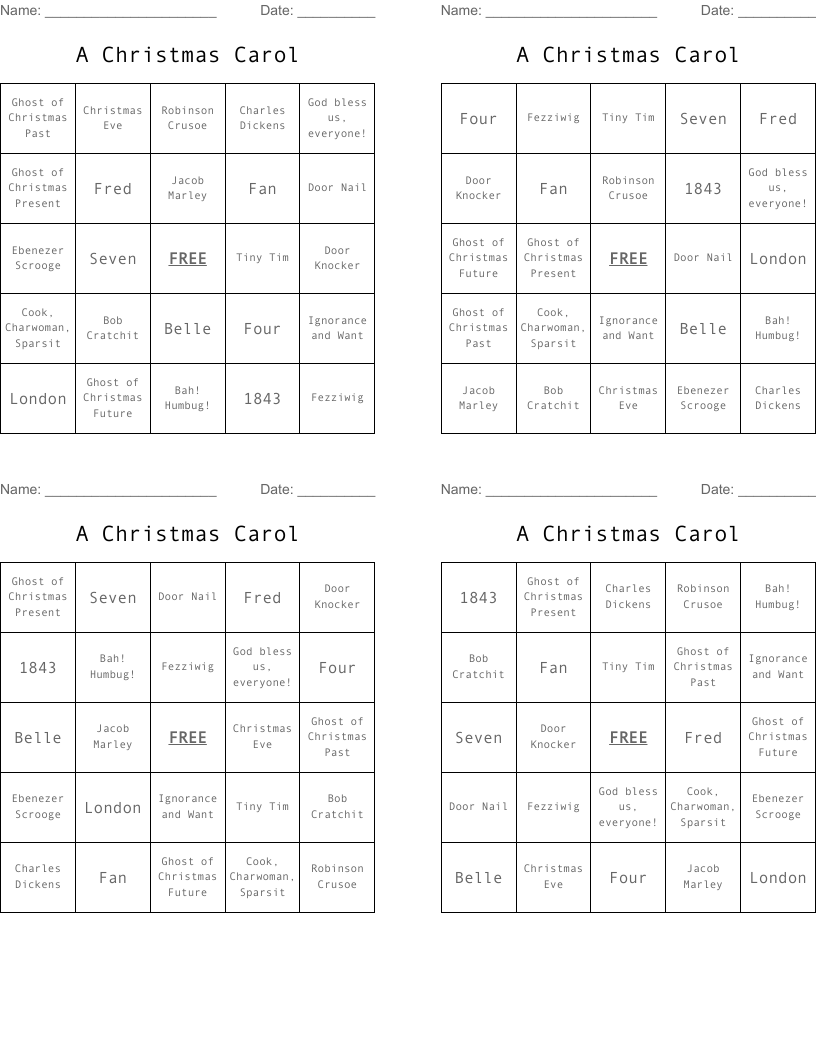 A Christmas Carol  Bingo Cards