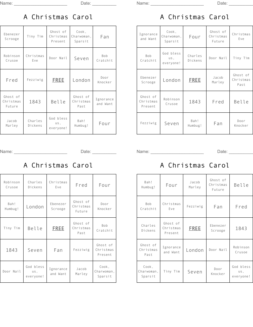 A Christmas Carol  Bingo Cards