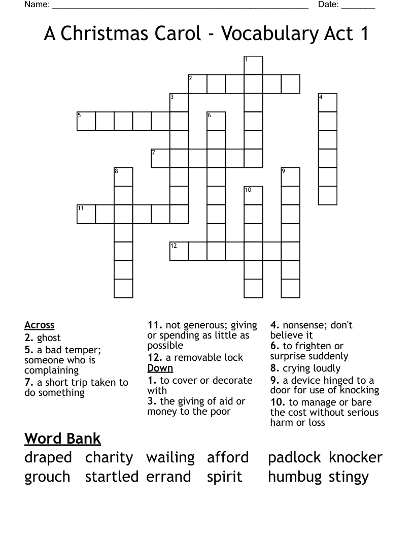 A Christmas Carol - Vocabulary Act 1 Crossword