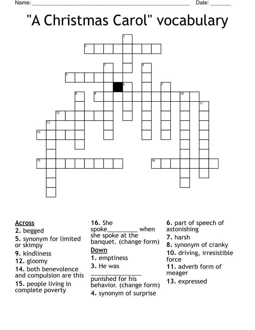 "A Christmas Carol" vocabulary Crossword