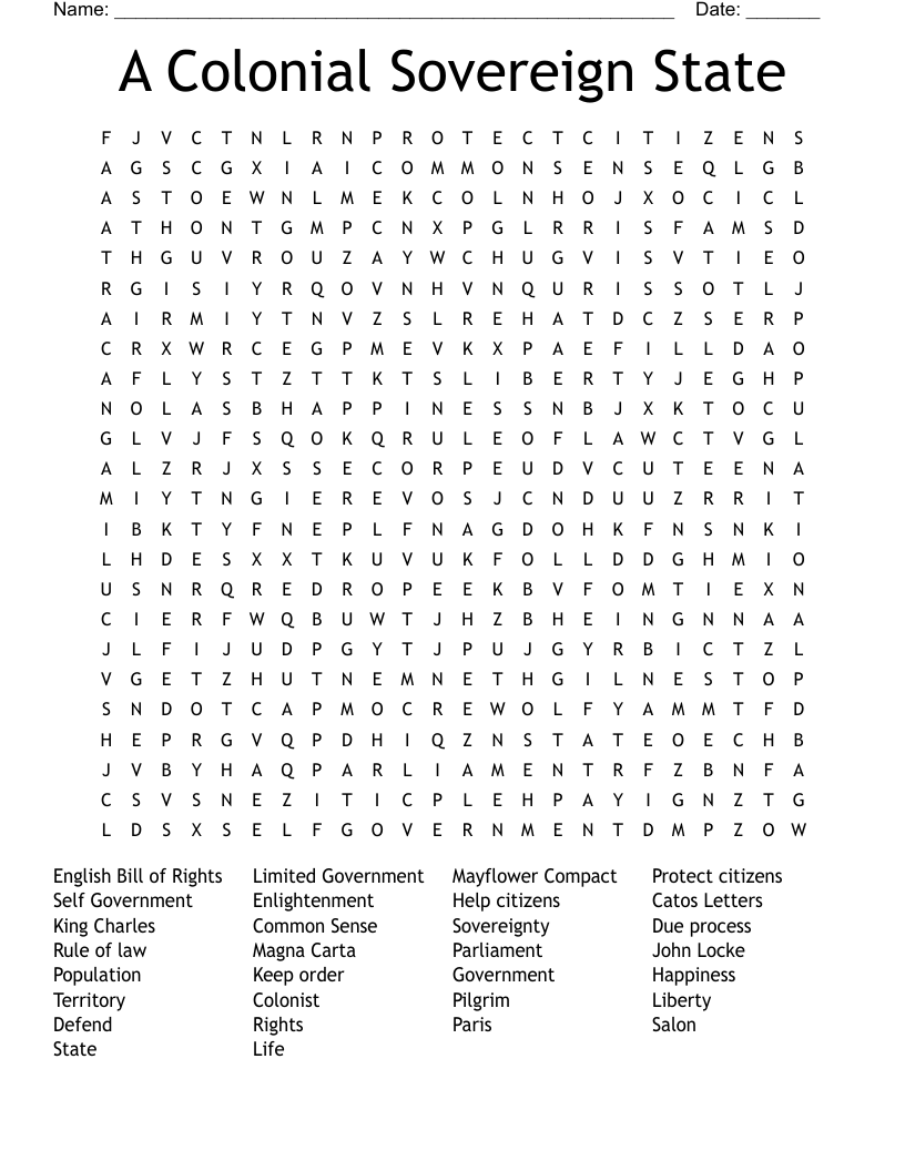 A Colonial Sovereign State Word Search