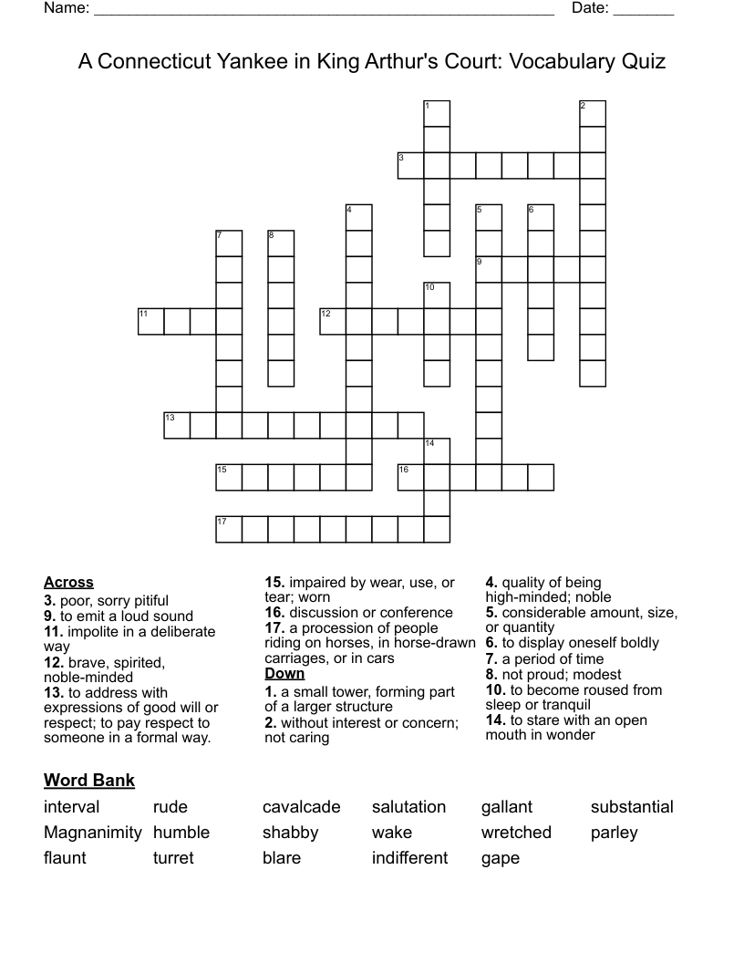 A Connecticut Yankee in King Arthur's Court: Vocabulary Quiz Crossword