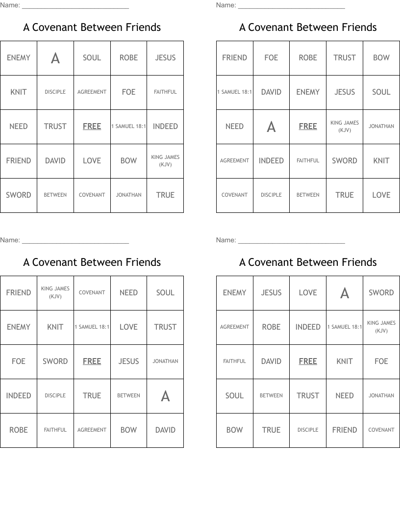 A Covenant Between Friends  Bingo Cards