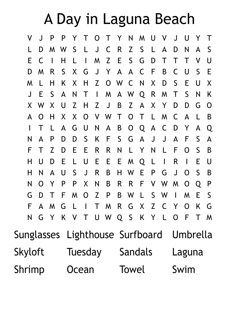 A Day in Laguna Beach Word Search