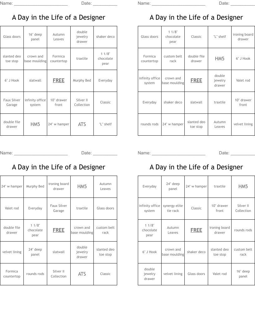 A Day in the Life of a Designer Bingo Cards