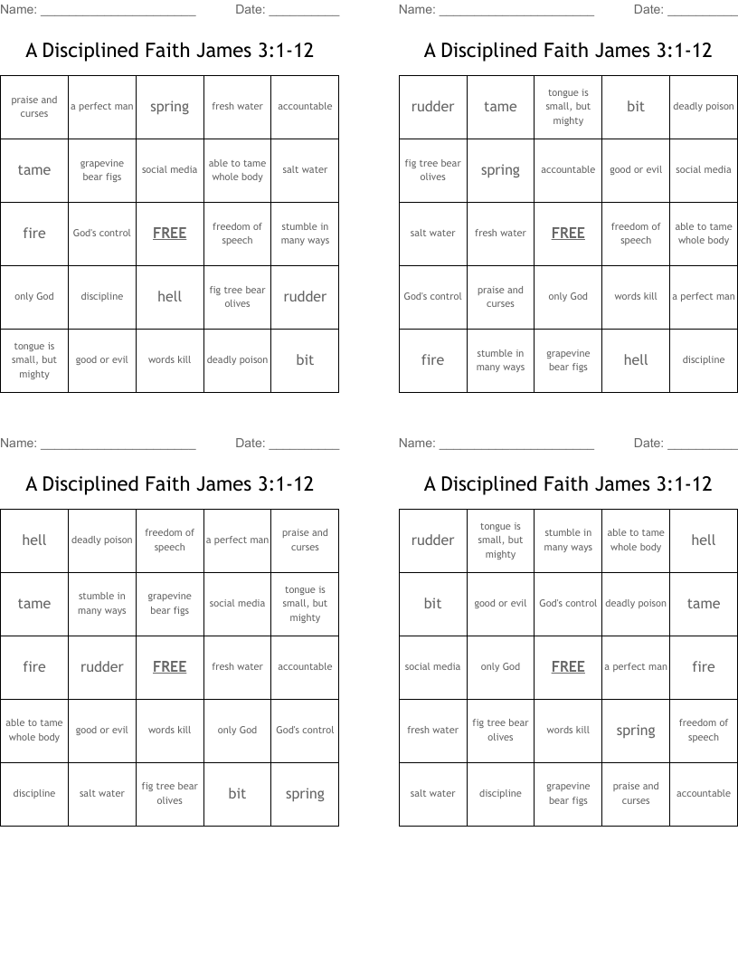 A Disciplined Faith   James 3:1-12 Bingo Cards