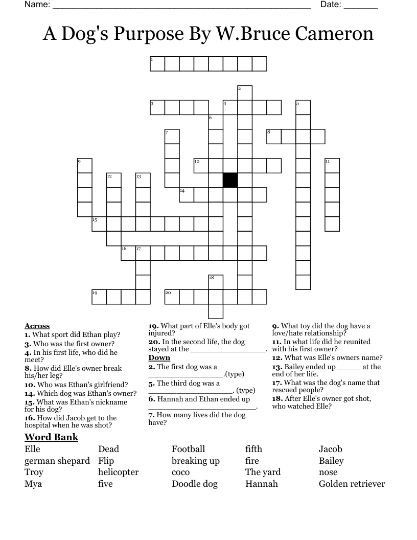 A Dog's Purpose By W.Bruce Cameron Crossword