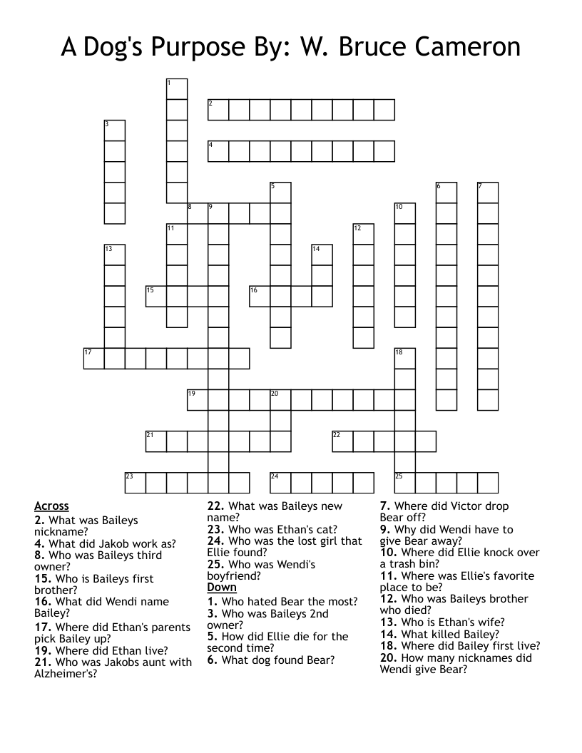 A Dog's Purpose By: W. Bruce Cameron Crossword