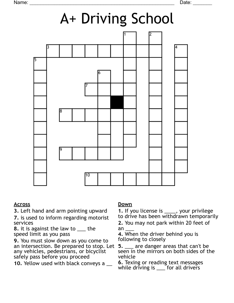 A+ Driving School Crossword