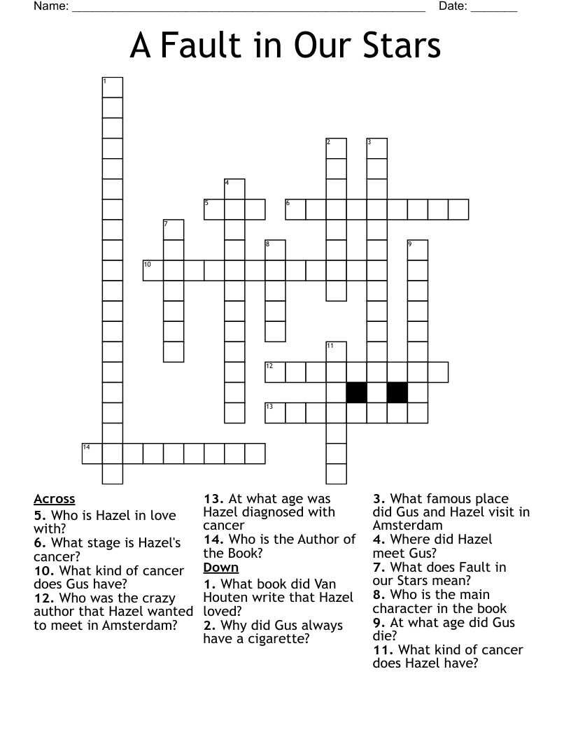 A Fault in Our Stars Crossword