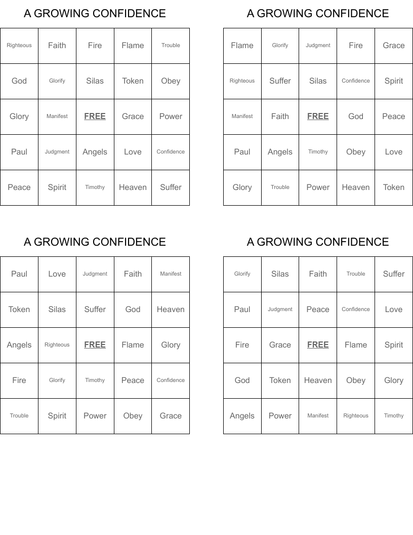 A GROWING CONFIDENCE Bingo Cards