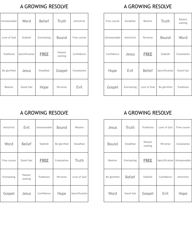 A GROWING RESOLVE Bingo Cards