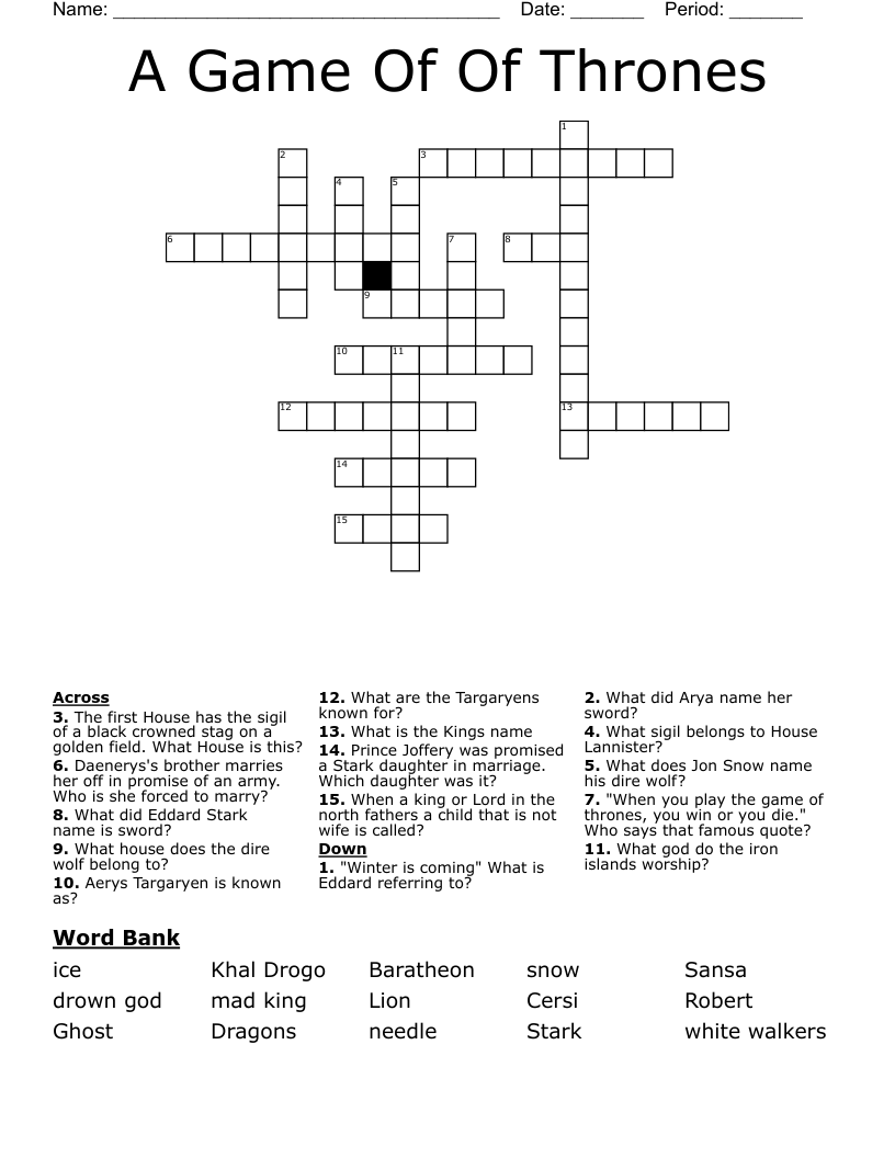 A Game Of Of Thrones Crossword