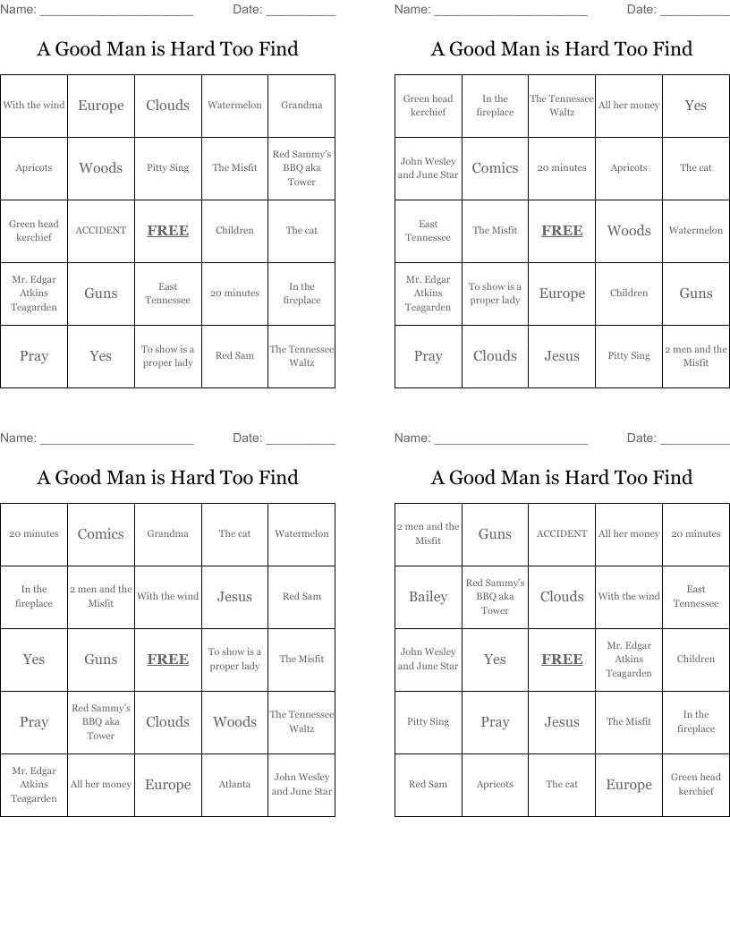 A Good Man is Hard Too Find  Bingo Cards