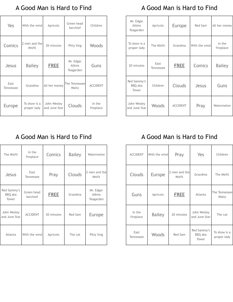 A Good Man is Hard to Find Bingo Cards