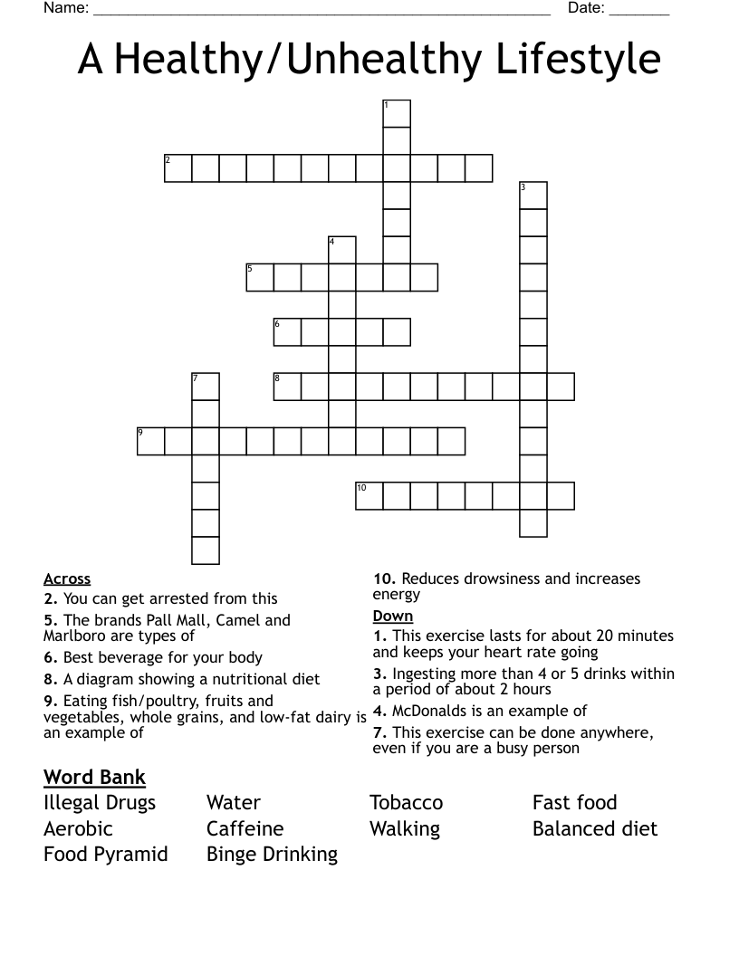 A Healthy/Unhealthy Lifestyle Crossword