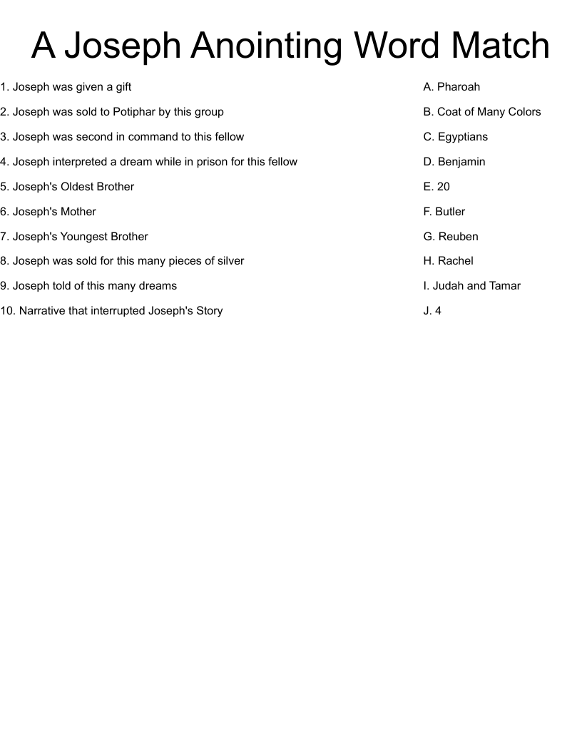 A Joseph Anointing Word Match Worksheet