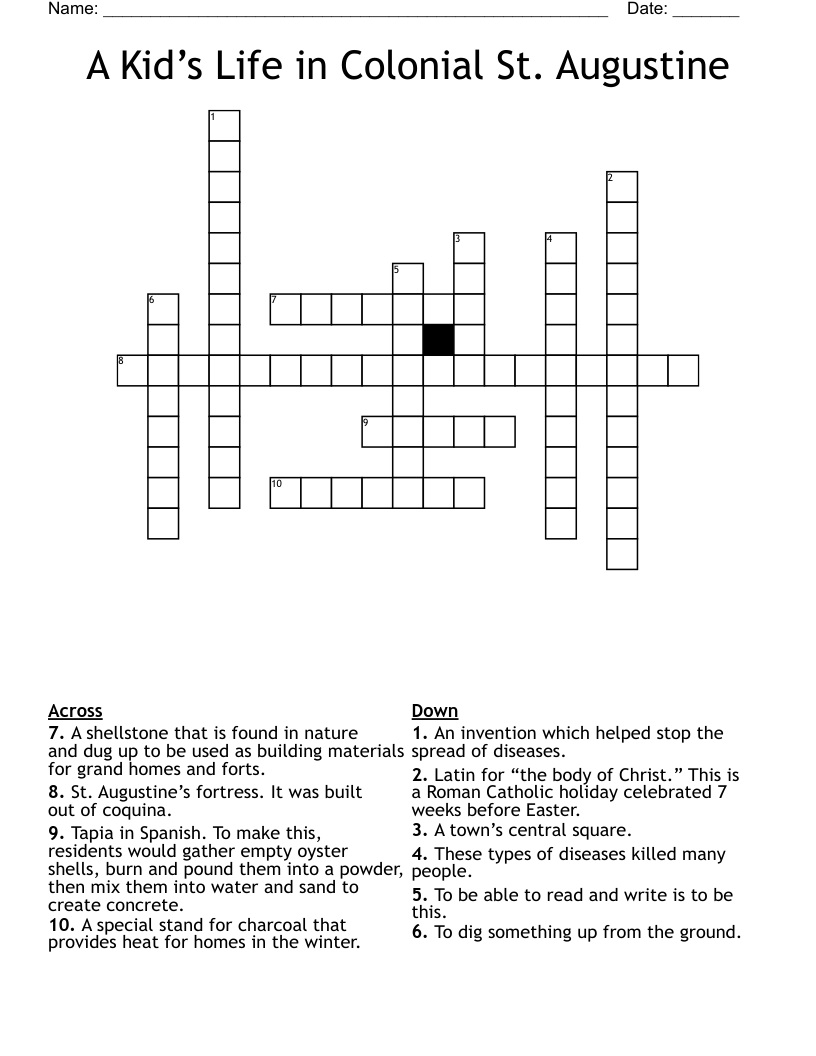 A Kid’s Life in Colonial St. Augustine Crossword