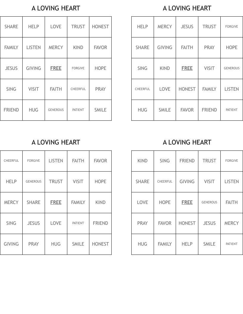 A LOVING HEART Bingo Cards