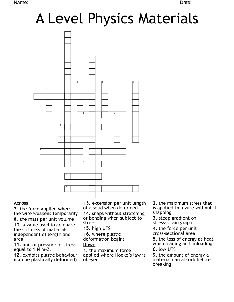 A Level Physics Materials Crossword