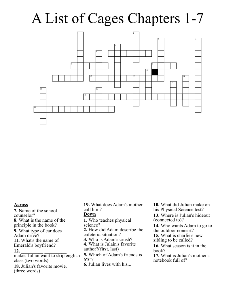 A List of Cages Chapters 1-7 Crossword