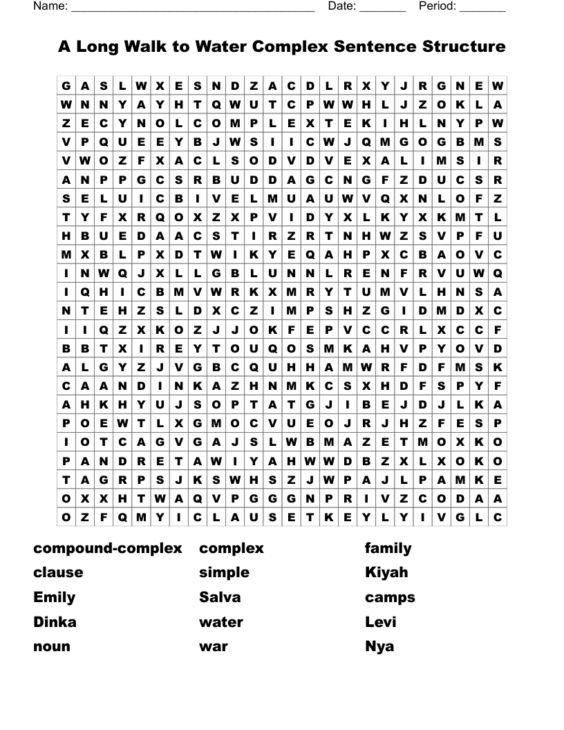 A Long Walk to Water Complex Sentence Structure Word Search