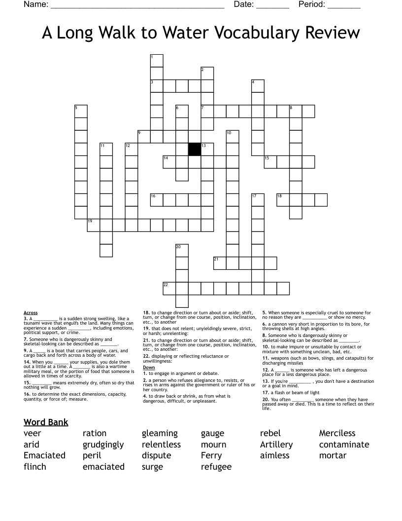 A Long Walk to Water Vocabulary Review Crossword