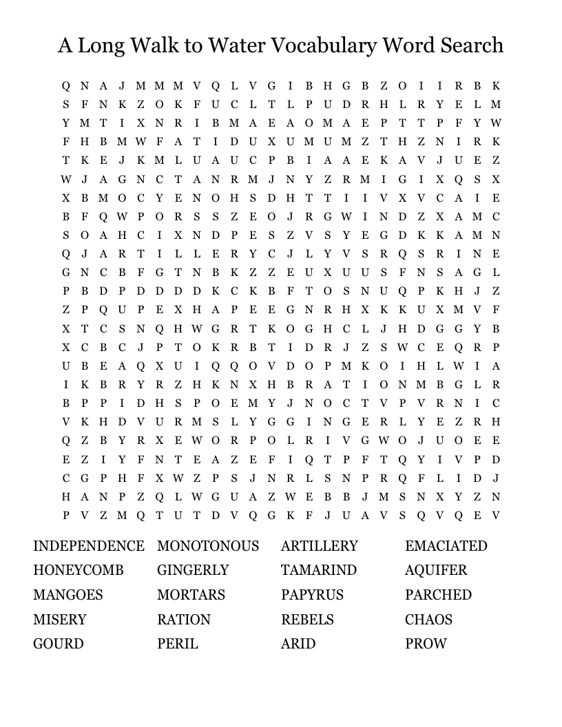 A Long Walk to Water Vocabulary Word Search
