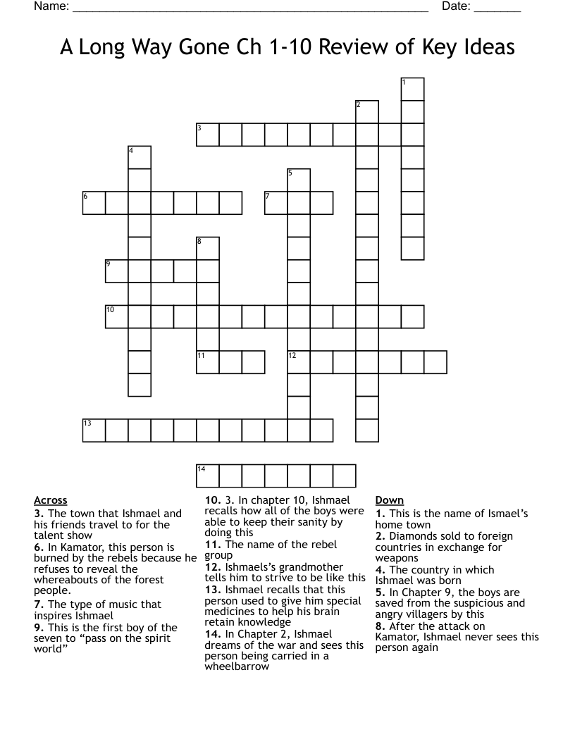 A Long Way Gone Ch 1-10 Review of Key Ideas Crossword
