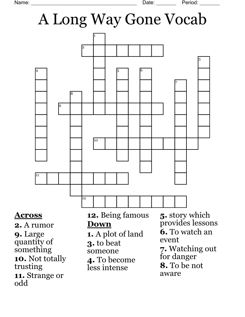 A Long Way Gone Vocab Crossword