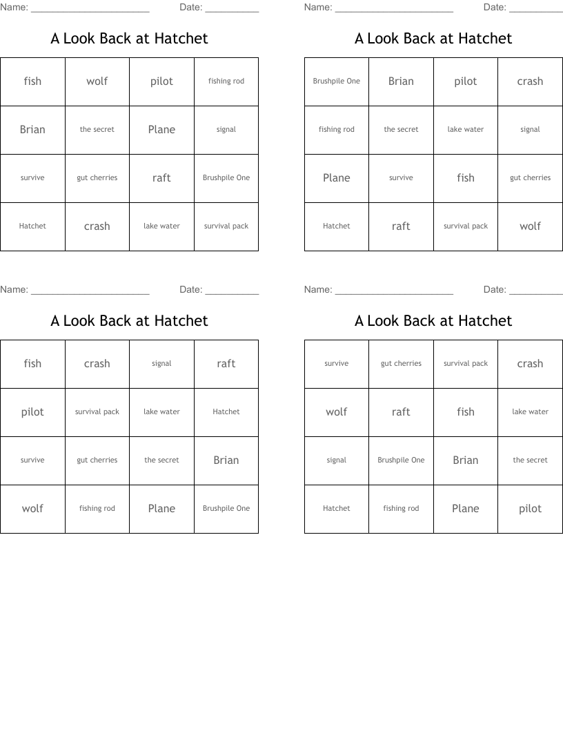 A Look Back at Hatchet  Bingo Cards