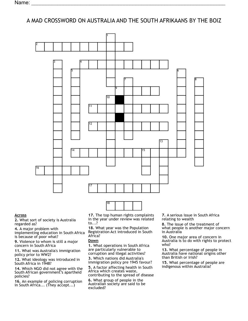 A MAD CROSSWORD ON AUSTRALIA AND THE SOUTH AFRIKAANS BY THE BOIZ