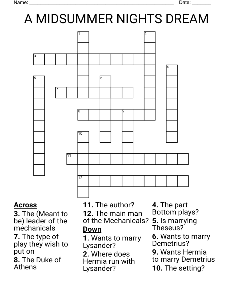A MIDSUMMER NIGHTS DREAM Crossword