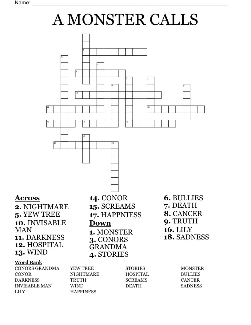 A MONSTER CALLS Crossword