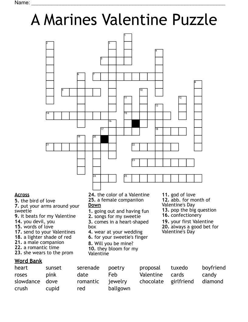 A Marines Valentine Puzzle Crossword