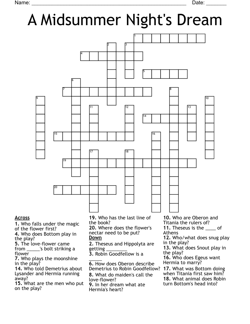 A Midsummer Night's Dream Crossword