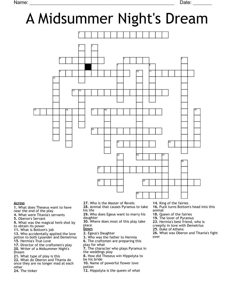 A Midsummer Night's Dream Crossword