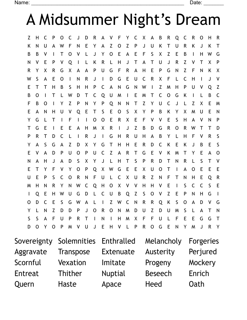 A Midsummer Night’s Dream Word Search
