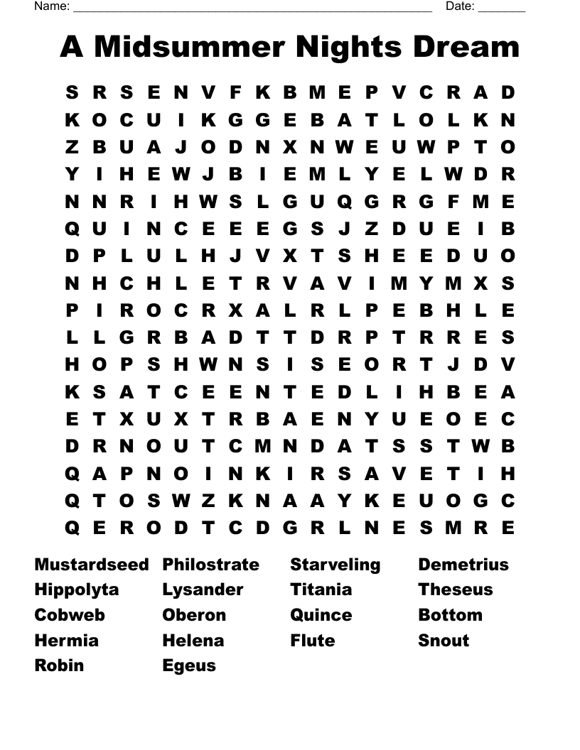 A Midsummer Nights Dream Word Search