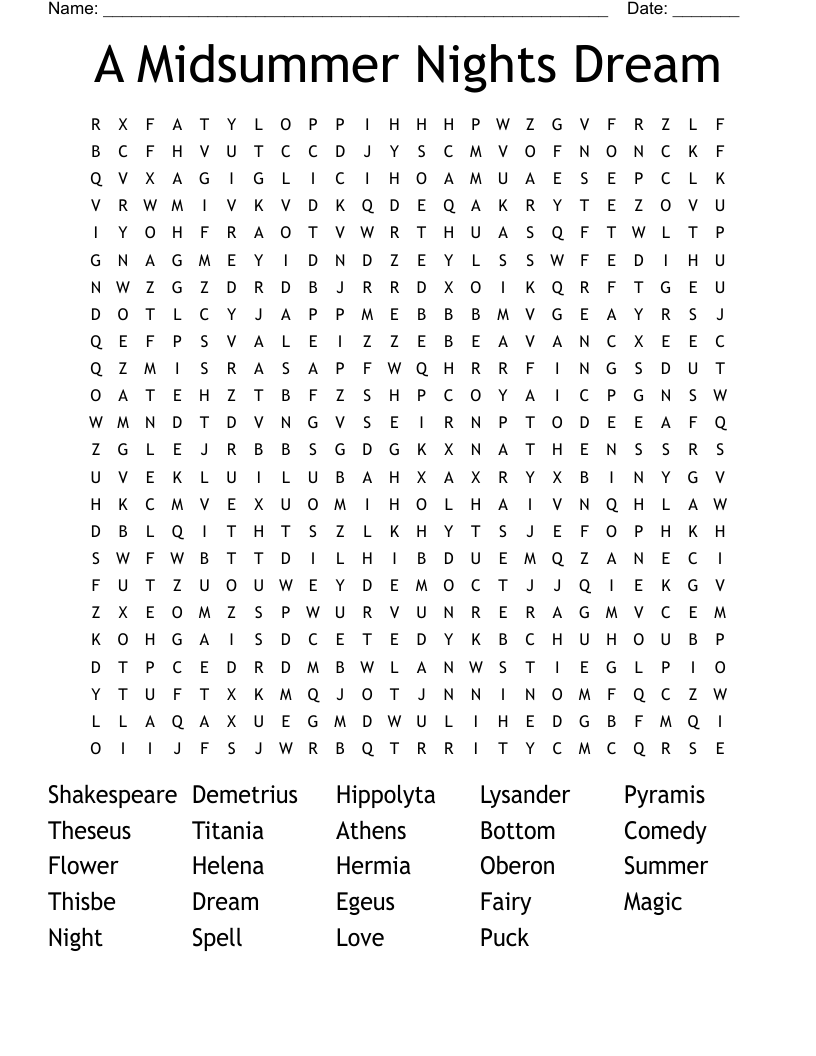 A Midsummer Nights Dream Word Search