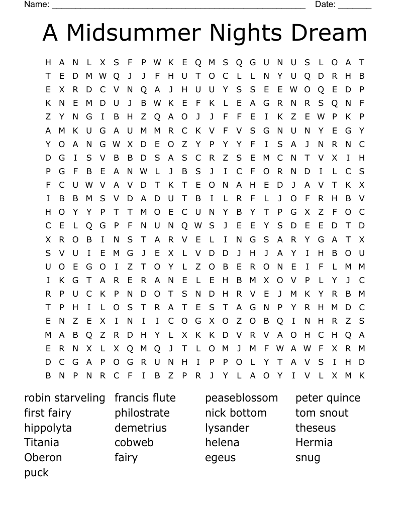 A Midsummer Nights Dream Word Search