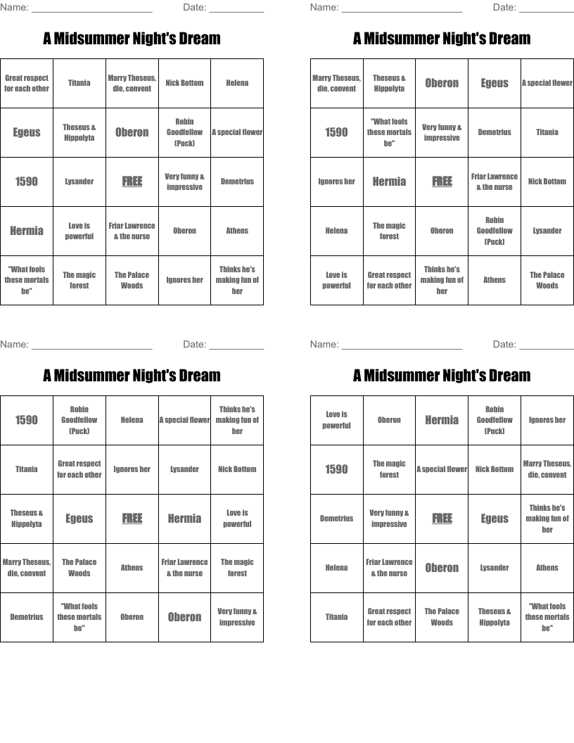 A Midsummer Night's Dream Bingo Cards