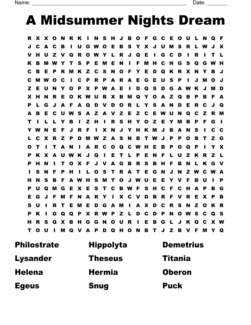 A Midsummer Nights Dream Word Search