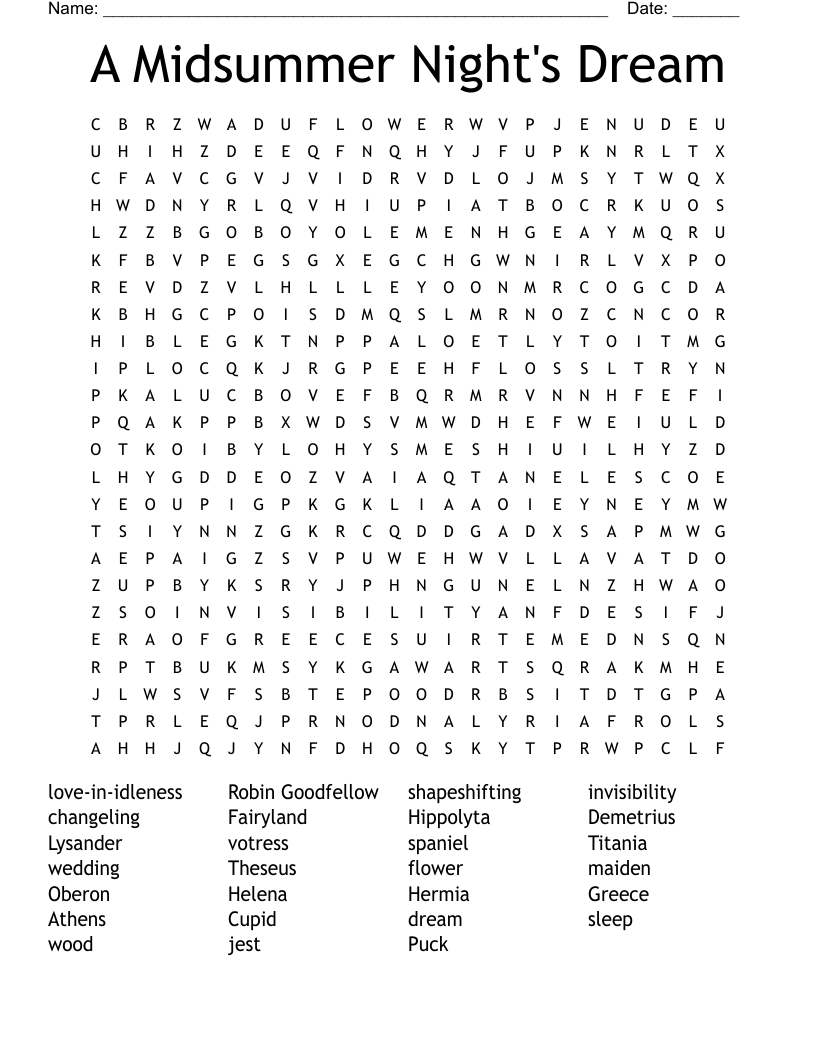 A Midsummer Night's Dream Word Search