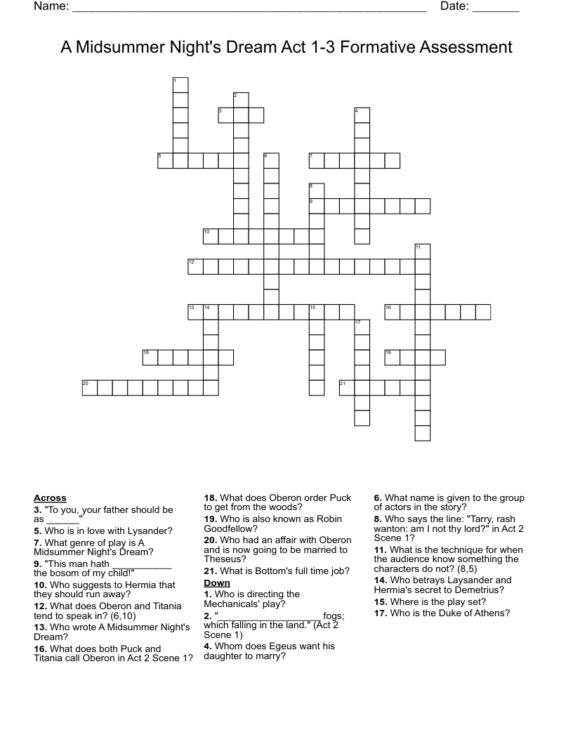 A Midsummer Night's Dream Act 1-3 Formative Assessment Crossword