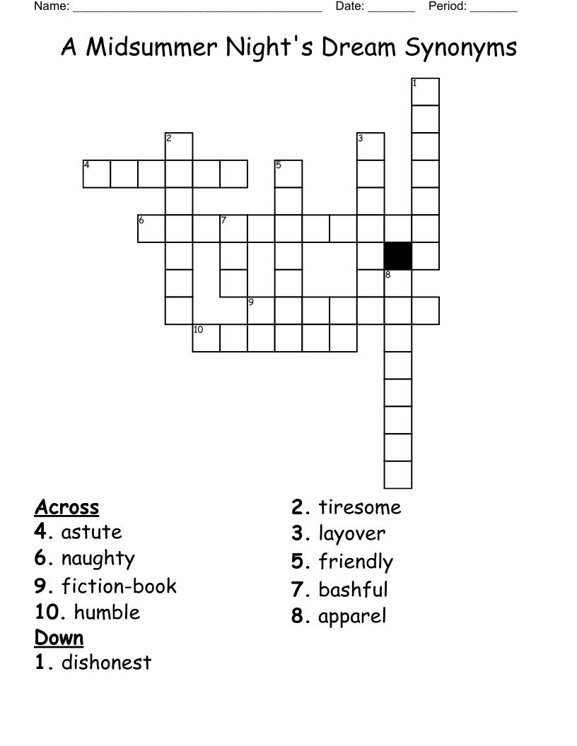 A Midsummer Night's Dream Synonyms Crossword