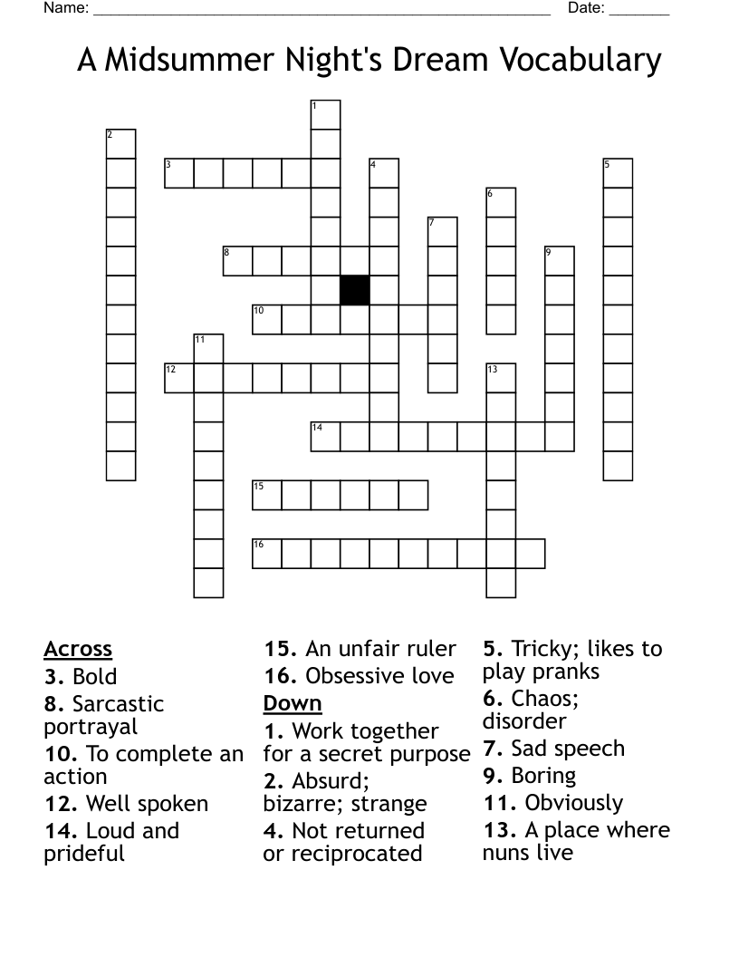 A Midsummer Night's Dream Vocabulary Crossword