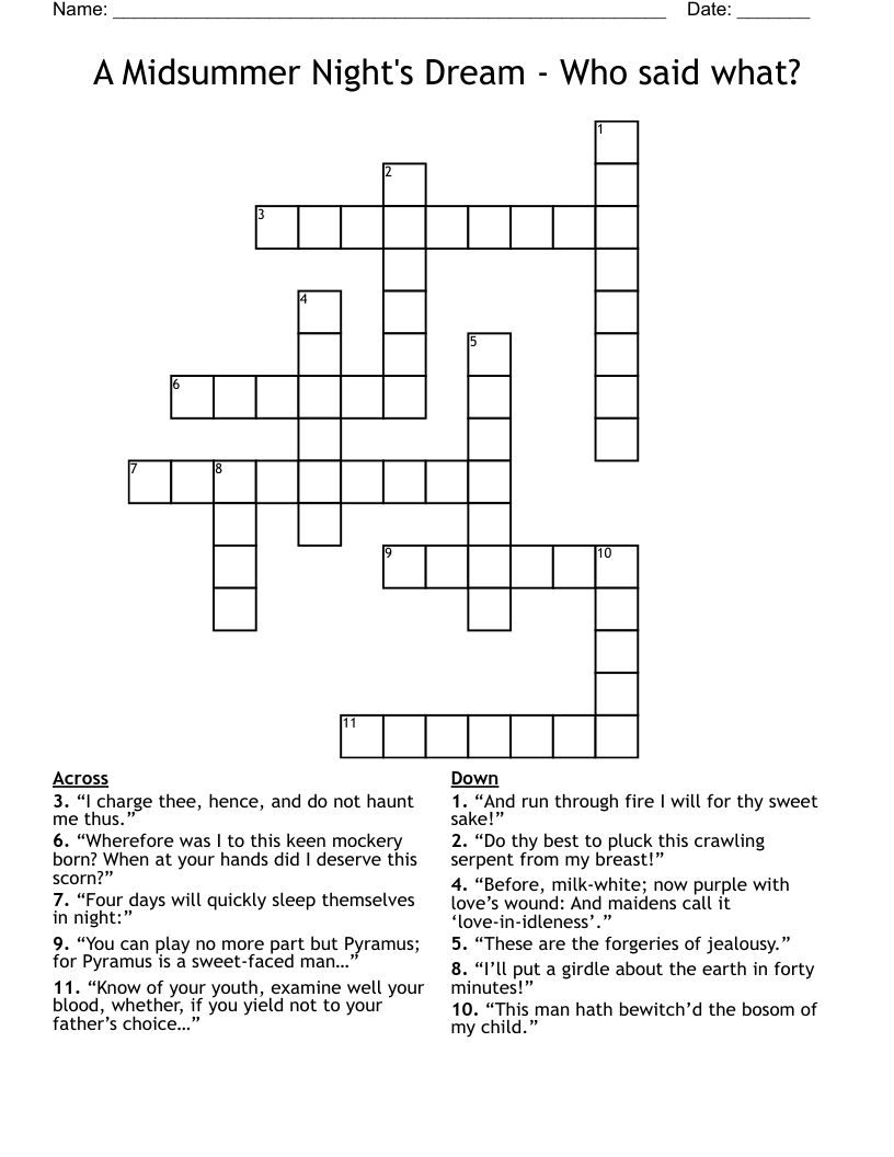 A Midsummer Night's Dream - Who said what? Crossword